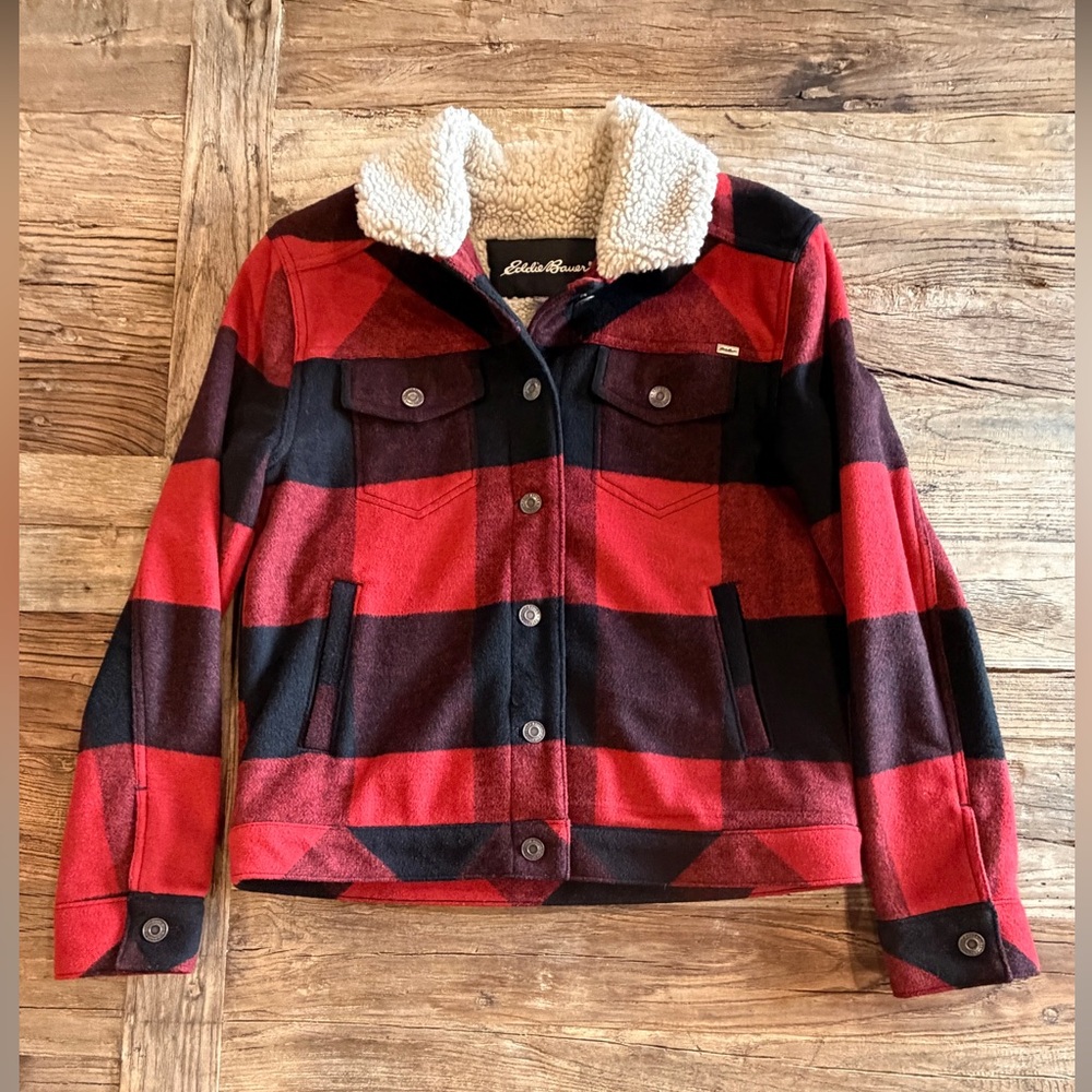 Eddie Bauer Buffalo Plaid Wool Sherpa Lined Jacket – Red Black – Women’s M